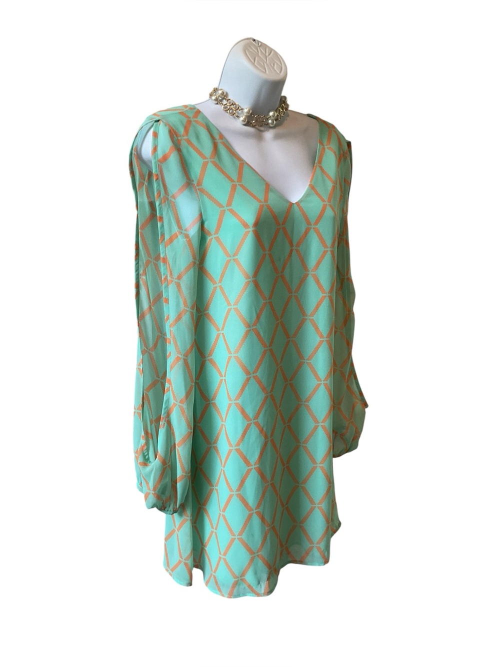 Cottagecore boho geo mint tan Lila open sleeve lined dress sz small 15-w 30L